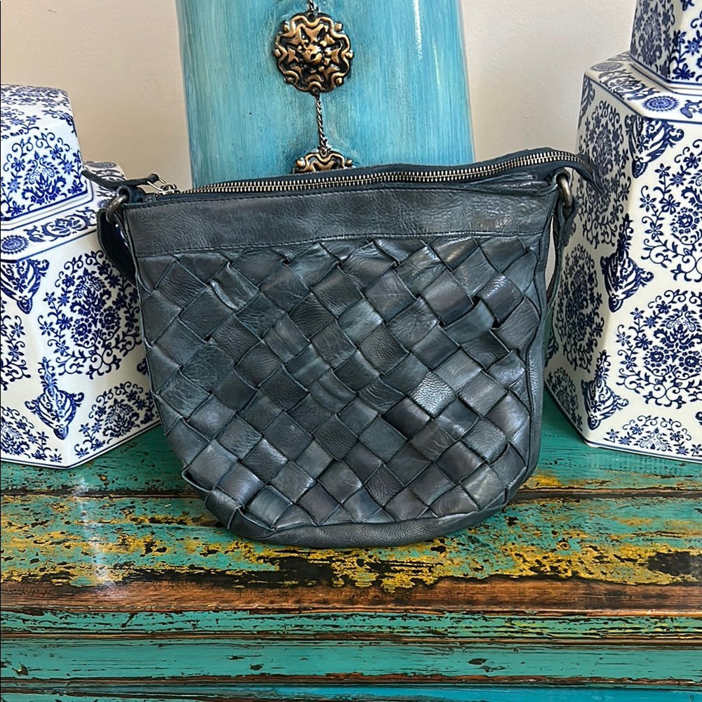 Gray Crossbody Bag with Intricate Weave